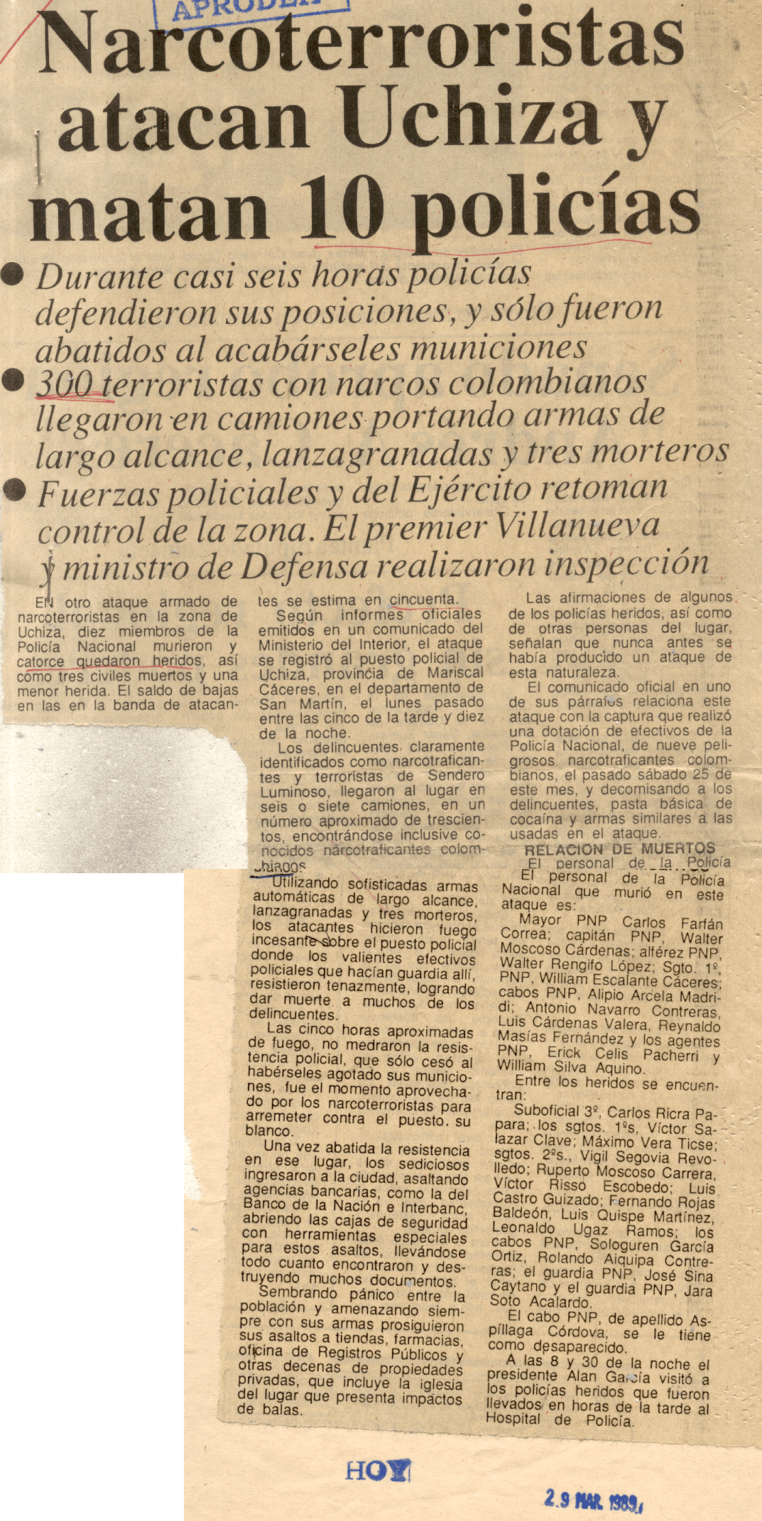 ATAQUE AL PUESTO POLICIAL DE UCHIZA CDI